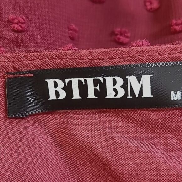 BTFBM Burgundy Dotted Swiss Maxi-Dress with Ruffled Hemline, Size Medium - Picture 10 of 11